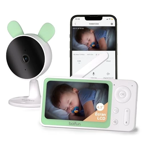 BOIFUN Babyphone Camera 1080P, 4,3 Pouces Camera Bebe, APP et Moniteur Contrôle, Détection de Mouvement et de Son, Zoom 4X, Vision Nocturne Infrarouge Invisible, Alarme de Zone