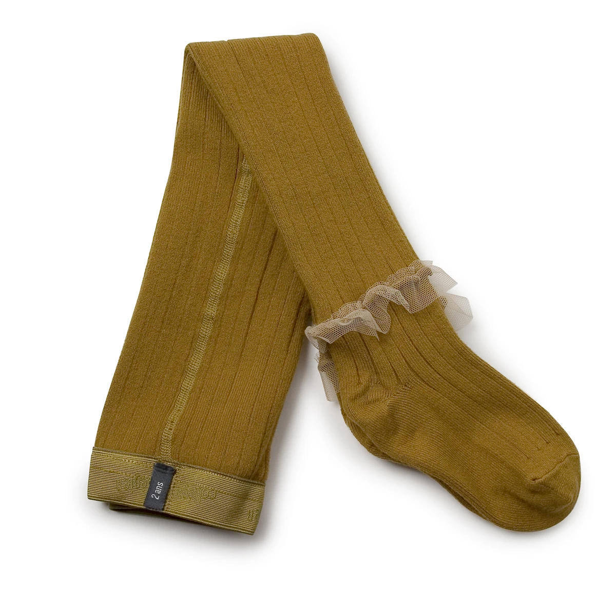 Gisèle - Collants à côtes avec volant tulle - Moutarde de Dijon