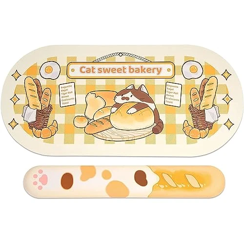 GeekShare Mignon Chat Boulangerie Repose-Poignet Support Tapis de Souris Base en Caoutchouc Antidérapant et Repose-Poignet en Mousse à Mémoire Légère Tapis de Bureau pour Clavier et Souris