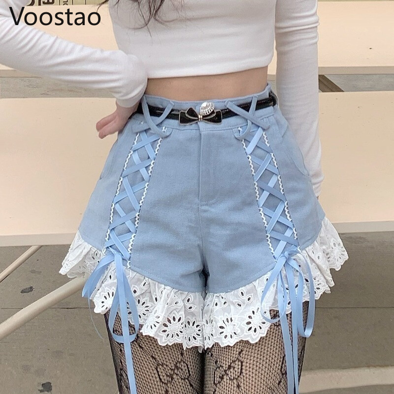 Short de Style Lolita pour femme, vêtement d'été en dentelle, Style coréen, à volants, Patchwork, taille haute, Punk, Harajuku