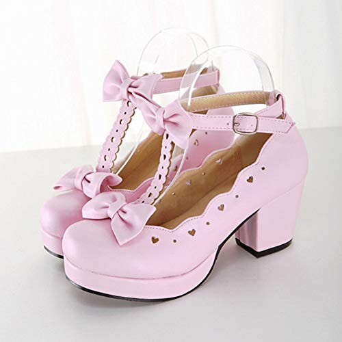 PINGXIANNV Chaussures Lolita Lolita Cosplay Princesse Chaussures Noeud Papillon Mignon Noir Rose Blanche Chaussures Talons Hauts