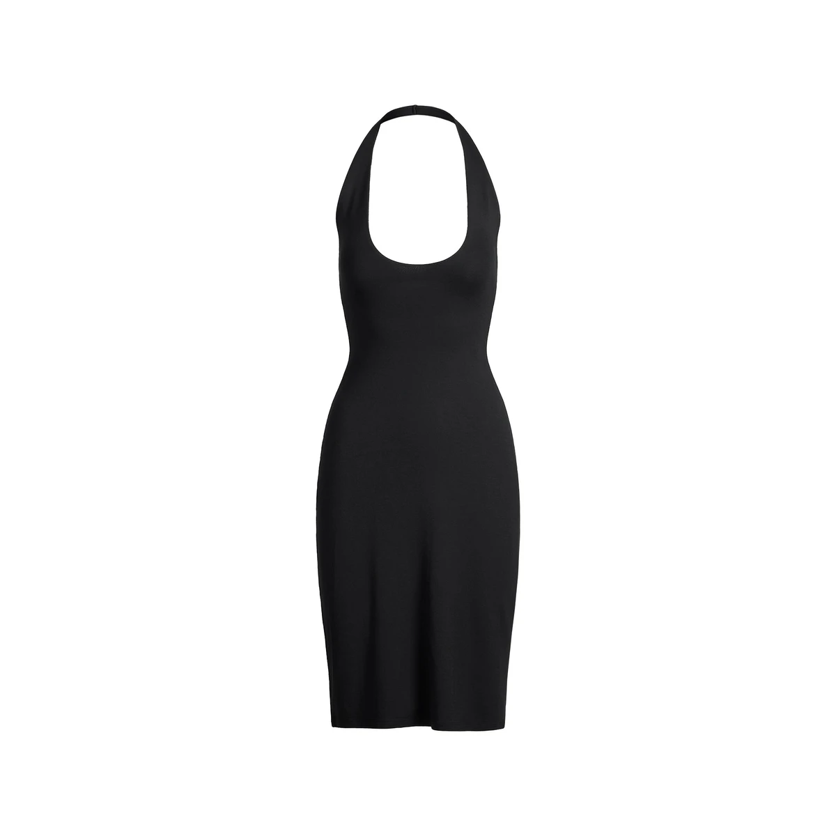 SMOOTH LAYERS PLUNGE HALTER MIDI DRESS | OBSIDIAN