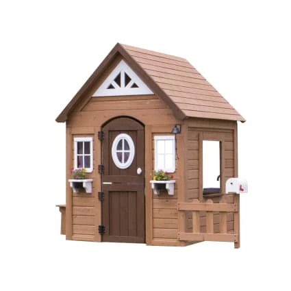 Maisonnette enfant avec fenêtres, en bois, marron/blanc