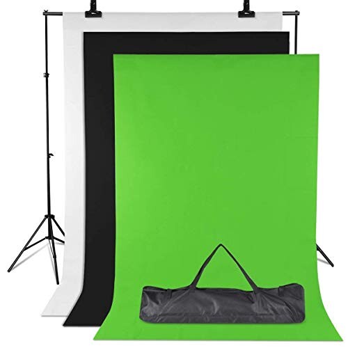 Amzdeal Fonds Support Système, avec 3 Toiles de Fond Vert/Blanc/Noir 2m×1.6m en Tissu Non-Tissé, Support 3m*2m Réglable en Hauteur 65-200cm pour Photographie Portrait Objet Vidéo Studio Photo