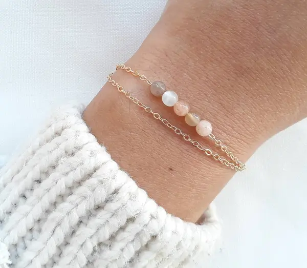 Double row multicolored moonstone bracelet, women&#39;s jewelry gift, fine golden bracelet.