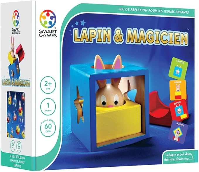 SmartGames - Lapin et Magicien - Jeu de Réflexion pour petits en bois - 60 Défis de Différents Niveaux - 1 Joueur - Pour Enfants à Partir de 2 Ans, Jaune,rouge