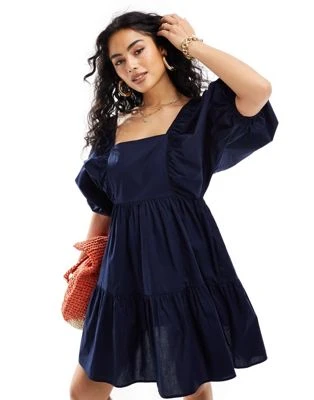 Nobody's Child - Ruby - Robe courte à manches ballon - Bleu marine | ASOS