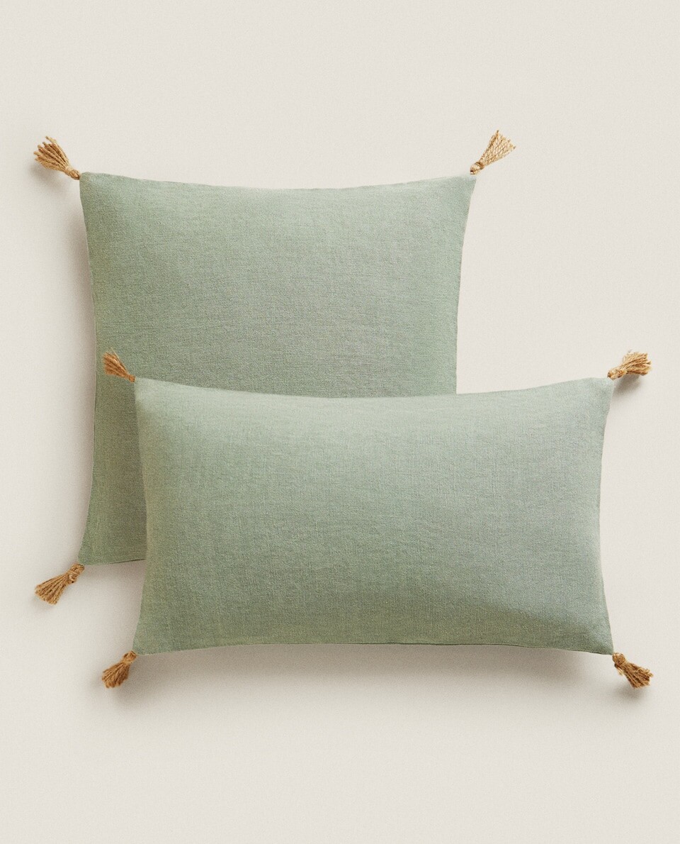 HOUSSE DE COUSSIN LIN POMPONS