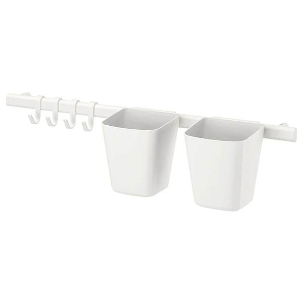SUNNERSTA Barre avec 4 crochets+2 récipients - blanc