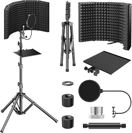 TONOR Bouclier D'isolation pour Micro, Bouclier en Mousse Absorbante Haute Densité avec Filtre Anti-pop et Support de Trépied, Design Pliable pour Podcasts, Streaming, au Chant, T65