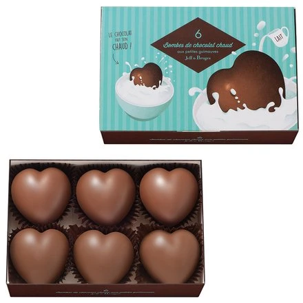 Boite 6 bombes coeurs de chocolat au lait et caramel et ses petites guimauves par Jeff de bruges