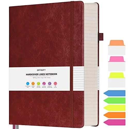 Carnet ligné universitaire grand format B5, 314 pages numérotées avec autocollants d'index, papier épais de 100 g/m², couverture rigide en cuir végétalien pour femmes, hommes, école, bureau