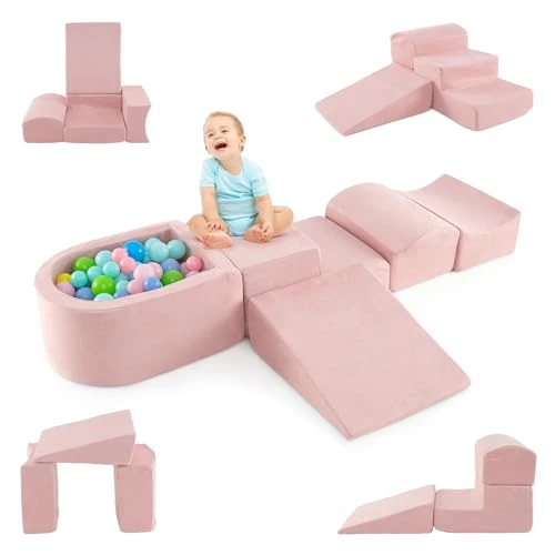 DREAMADE Parcours de motricité Bébé 5PCS avec Housse Lavable, Blocs de Construction avec Piscine à Balles, Module Motricité pour Enfant 3+ Ans, sans Balles (Rose)