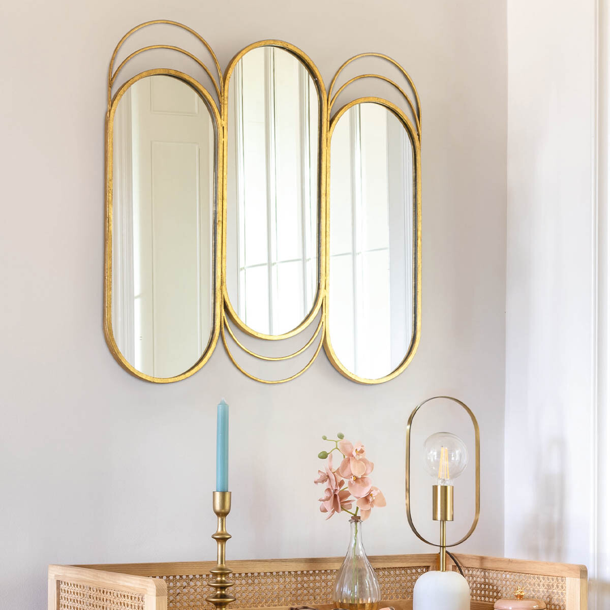Miroir triptyque 'Edi' doré, métal 72x69 cm