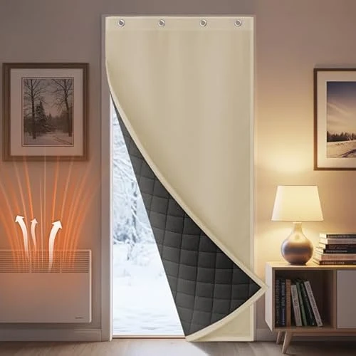 Rosnek Rideaux Thermique Isolant Anti Froid, L80 X H204 cm Décoration de Porte Fenêtre Intérieurs, Rideau de Porte Matelassé Imperméable, Isolant Thermique, Coupe-Vent, 1 Pièce, Beige