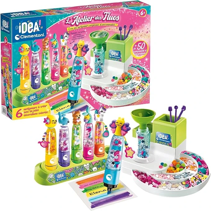 Clementoni - Coffret créatif : L'atelier des fluos : 10 fluos amusants, dès 7 ans - Inclus des bouchons, des mines, des capuchons - Loisirs créatifs - Jeux Éducatif pour enfant - Fabriqué en Italie
