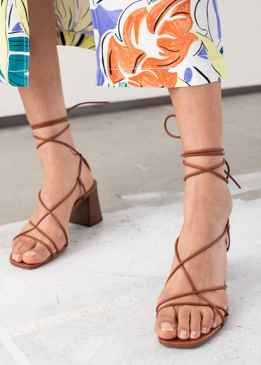 Leather Strappy Lace Up Heeled Sandals