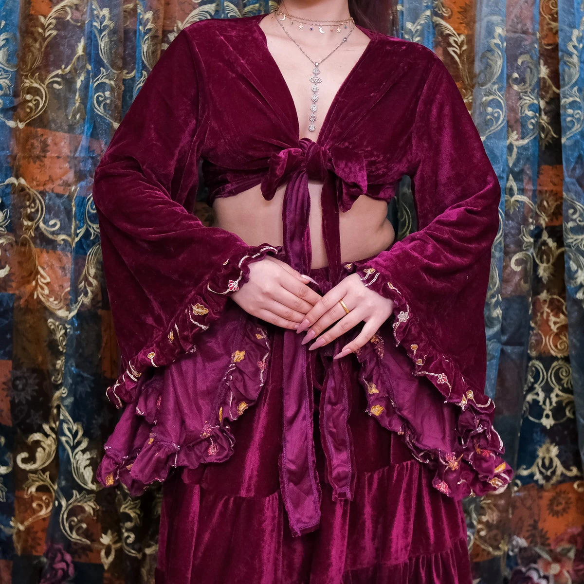 Velvet Hand Embroidery Wrap Top with Ruffle Sleeve
