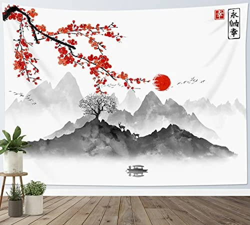 LB Tapisserie Murale Japonais Tenture Murale Fleur De Cerisier Rouge Et Soleil Couverture Murales Gris Noir Montagne Tapisseries Decoration Murales pour Maison Salon Chambre Dortoir,200x150 cm