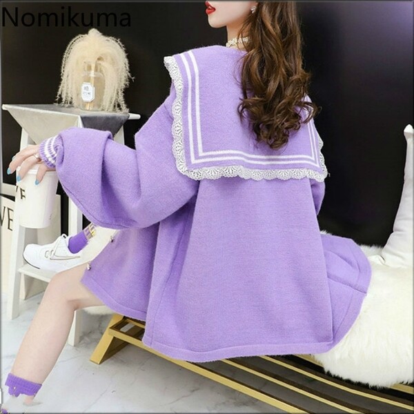 Nomakuma – manteau pull en dentelle pour femme, décontracté, coréen, Patchwork, couleur rayée, col rabattu, tricoté, Cardigan, 6B557, 2020