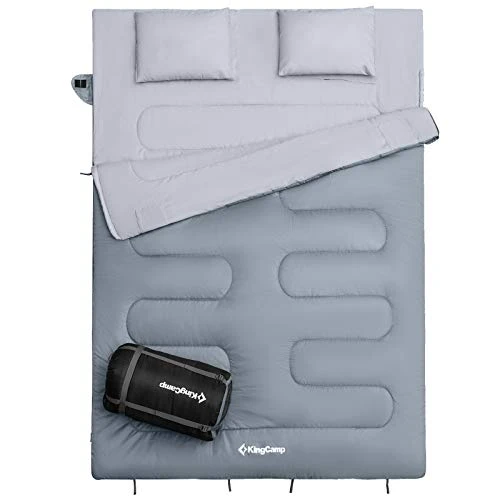 KingCamp Double Sac de Couchage avec 2 Oreillers, Sac de Couchage Rectangulaire Camping pour 2 Personnes Détachable Confortable pour Tentes Camion Randonnée Extérieur Intérieur Hiver, 220 * 150cm
