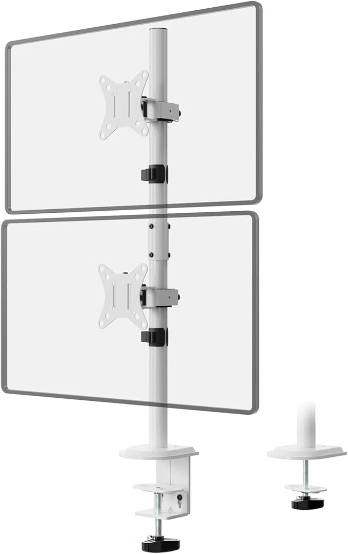 Support Double écran pour 17-32 Pouces jusqu'à 9kg par écran，Colonne Extra Haute de 80cm， VESA 100x100 Maximum,Pince C & Perforation Ergonomique Home Office，Blanc