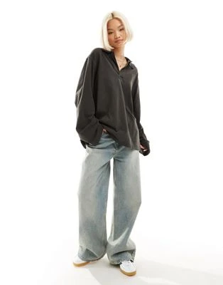Weekday - Toby - Polo oversize à manches longues - Noir délavé