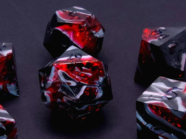 Form of Dread - Laudna Critical Role - red, black, and silver handmade sharp edge resin dice for DnD, D&D, Dungeons and Dragons