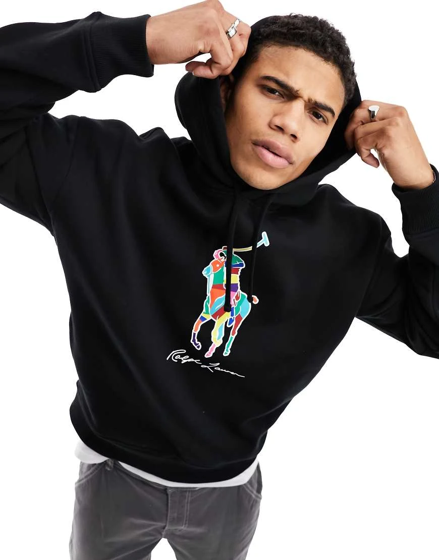 Polo Ralph Lauren - Sweat à capuche oversize avec large imprimé joueur de polo multicolore - Noir