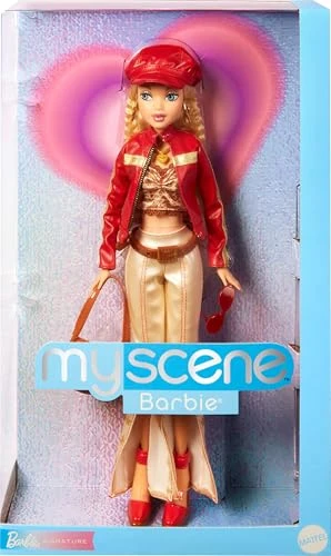 Barbie Signature My Scene Poupée et Accessoires, avec Tenue inspirée des années 2000 Comprenant Une Veste en Cuir synthétique, Un Pantalon évasé et Une Sacoche, Socle pour poupée, HYC17