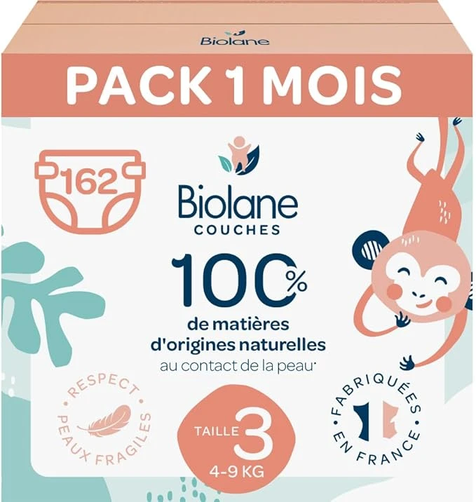 BIOLANE - Couches Taille 3 - (4-9 kg) - Peaux Sensibles - Ultra-Absorbant, Pas de Fuite, 12h au Sec - Pack 1 mois 162 couches - Fabriqué en France