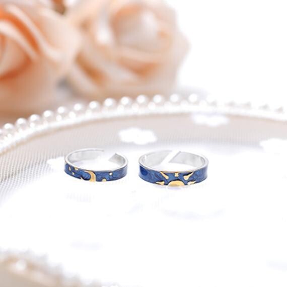 925 Silver Sun and Moon Rings for Couple - Bleu et Or - Bagues assorties jour et nuit - Bagues réglables - Wedding Band - Valentine’s Gift