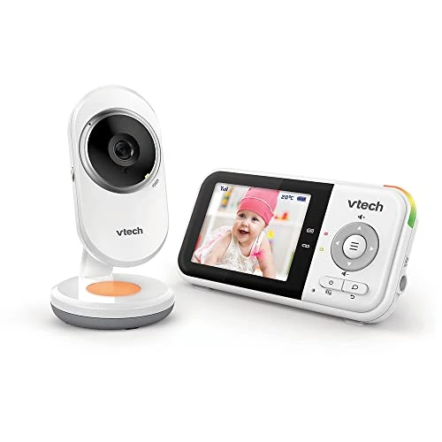 VTech - BM3254 - Babyphone Vidéo Clear Plus - Veilleuse et berceuse - Écran 2.8'' - 720p- Babyphone Audio - Version FR, Blanc