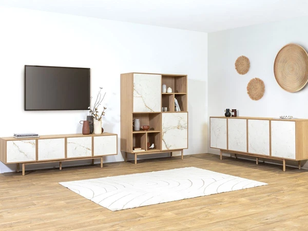 Ensemble BARI avec buffet 200 cm + meuble TV 180 cm + bibliothèque H.160 cm placage chêne massif et céramique | BOBOCHIC ®