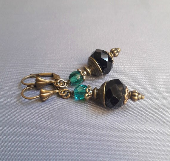 Les Ephémères - Small black and blue glass earrings with brass