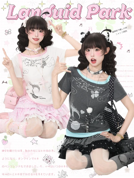 Y2K Rhinestone Layered Tee - Languid Park | Land Decora