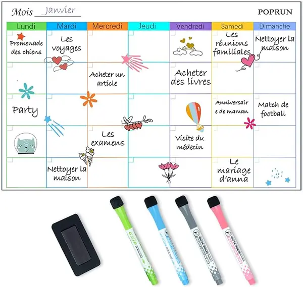 POPRUN Calendrier magnetique Tableau blanc Planning frigo,Organisation Familiale,Planificateur Mensuel/Semainer effaçable parfait pour Planification des Tâches, Semaine Menus/Repas- en Français