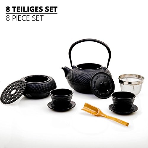 Lumaland Service à thé 8 pièces: théière de 1,4 litres,Cuillère à doser, 2 tasses à thé avec 2 soucoupes en fonte