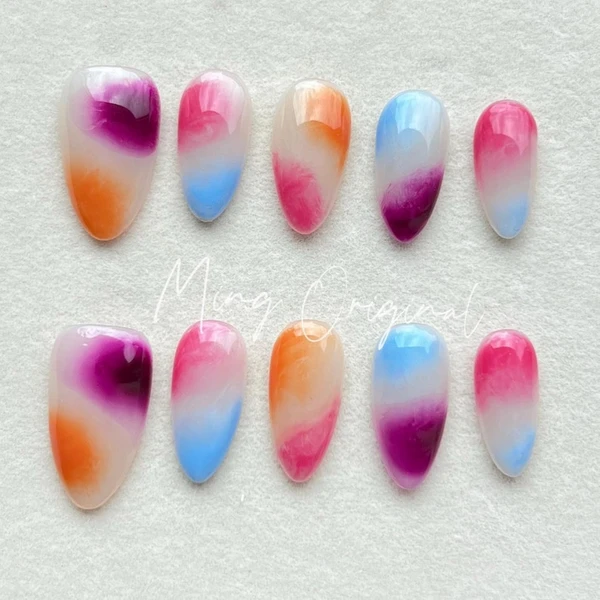 Faux ongles style "water blooming", réutilisables, effet gel, faits main, rose, violet, orange, bleu, couleur bonbon