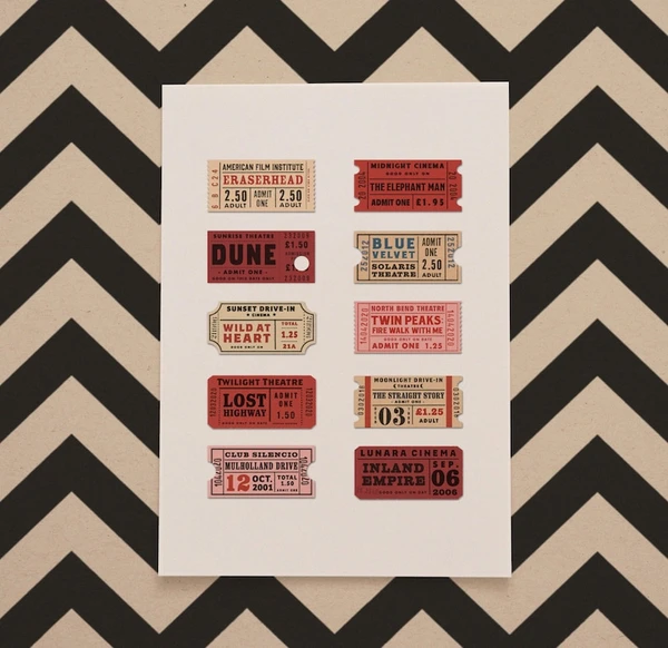 Filmographie de David Lynch : impression de billets de cinéma vintage