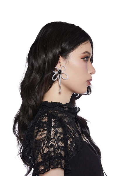 Girly Goth Pearl Bow Drop Earrings - Off White