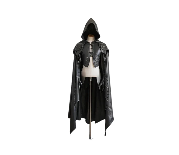 The Dark Warden - Pure Black Leather Medieval Hooded Cloak - Leather Cloak With Vest For Cosplay - Hooded Cloak Leather Gift For Men