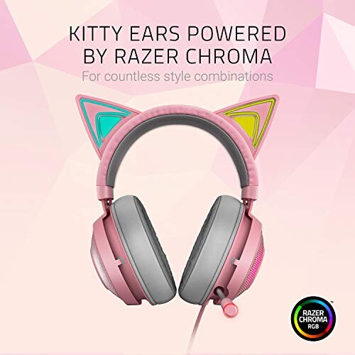 Razer Kraken Kitty Edition - Casque USB avec oreilles de chat compatible Chroma (Oreilles de chats illuminées par Razer Chroma, Microphone avec annulation active du bruit, THX Spatial Audio) Quartz