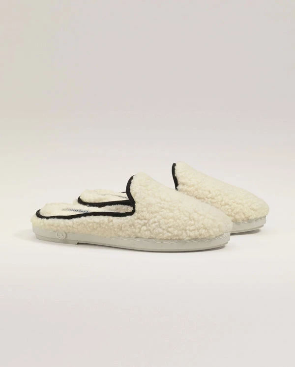Mule femme bouclette de laine, blanc noir