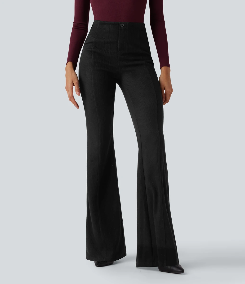 Pantalon décontracté évasé côtelé taille haute gainant