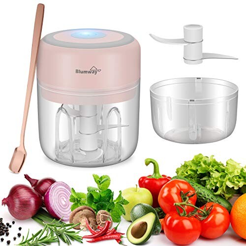 BlumWay Mini Robot culinaire, Hachoir à ail électrique chargeur USB, hachoir à nourriture électrique avec 3 lames tranchantes, pour lail, gingembre, Ioignon, piment - 250ML&amp;100ML （Rose）