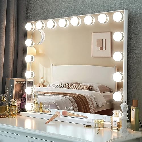 Miroir Maquillage LED Hollywood 88x57 Cm - 3 Couleurs Lumière, Luminosité Réglable, Mémoire Tactile, Noir