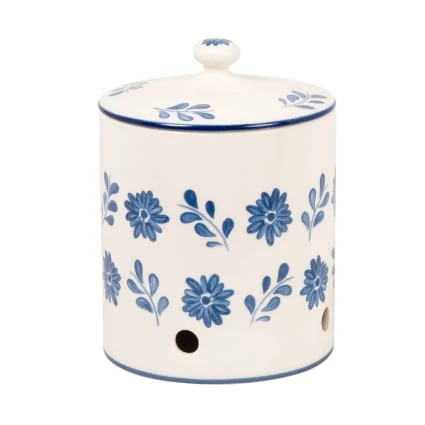Pot à oignons en céramique blanche motif floral bleu H18