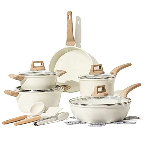 CAROTE Set Poele et Casserole Induction 14 Pièces 24cm, Casserole 1,7/2,3/4L, Sauteuse 4,3L, Batterie de Cuisine avec Couvercle, Revêtement Antiadhésif, Spatule, Pince Cuisine, Protège-Poêle