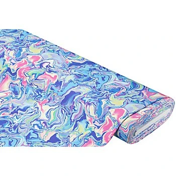 Tissu jersey extensible « marbré » pour des tenues sportives, bleu/multicolore